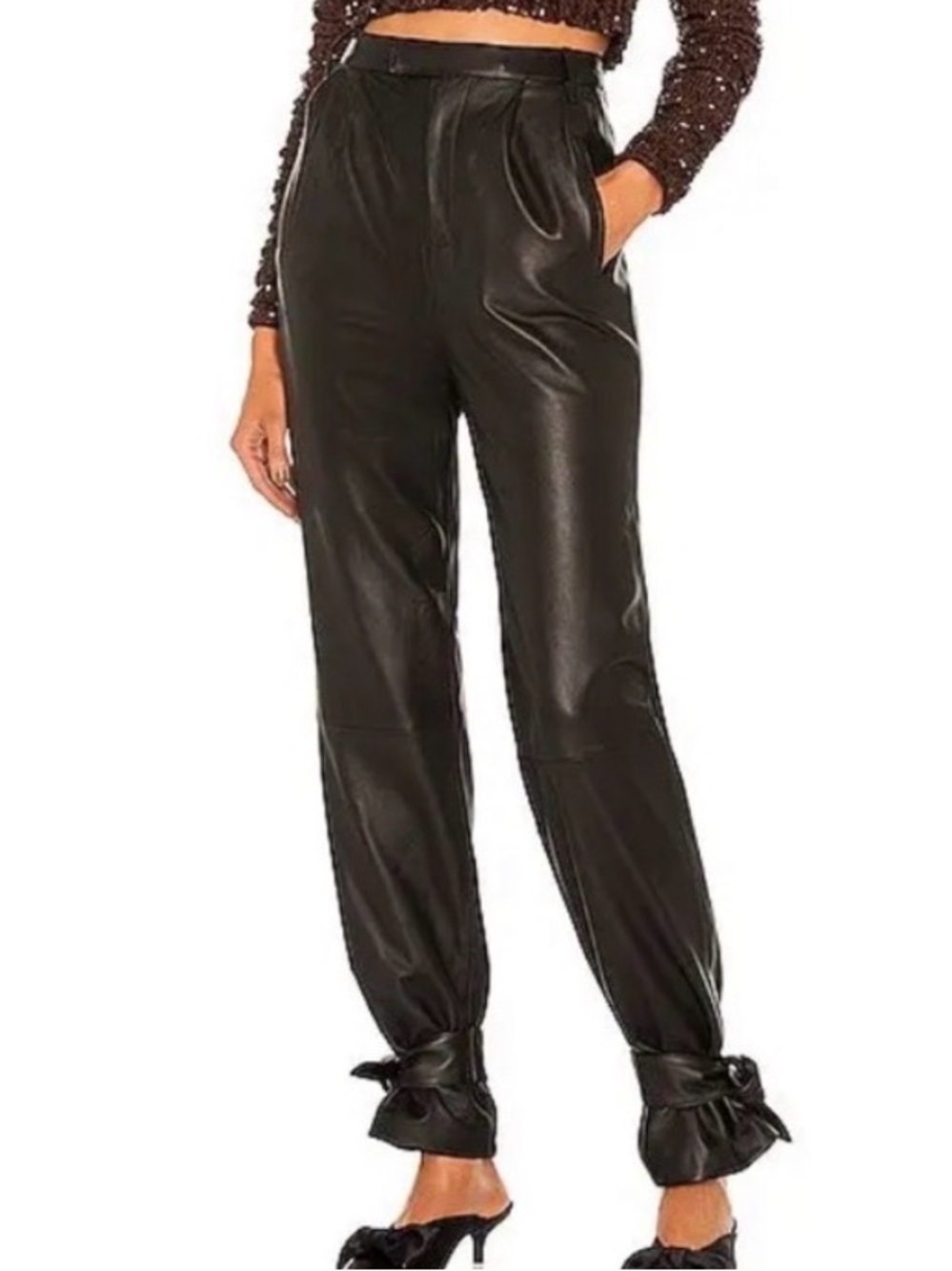 Lovers + Friends Black Faux Leather High-Waist Jogger Pants with Ankle Bows